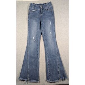 Kancan Women‎ Jeans 27x33 Miranda Ultra High Rise Flare Distress Raw Hems